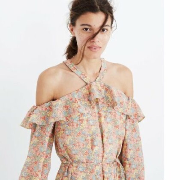 Madewell Forsythia Prairie Blossom Cold Shoulder Silk Dress - Picture 4 of 9